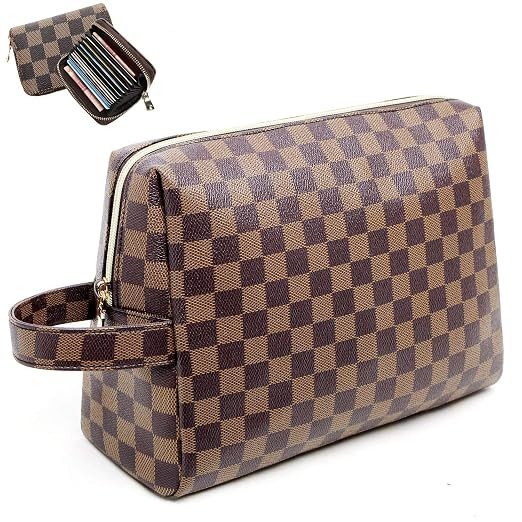 Fairy Rose Checkered MakeUp Bag with Credit Card Wallet,Shell Shape Cosmetic Bags PU Vegan Leathe... | Amazon (US)
