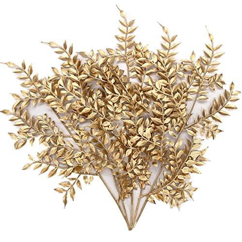 Gold Leaves Decorations for Christmas Artificial Golden Plants Fake Leaf - 17 Inch 5 Pack, Faux Foliage Simulation Flowers Grass Xmas Decor Plant Bushes Indoor Outdoor Wedding Table Centerpiece DIY | Amazon (US)