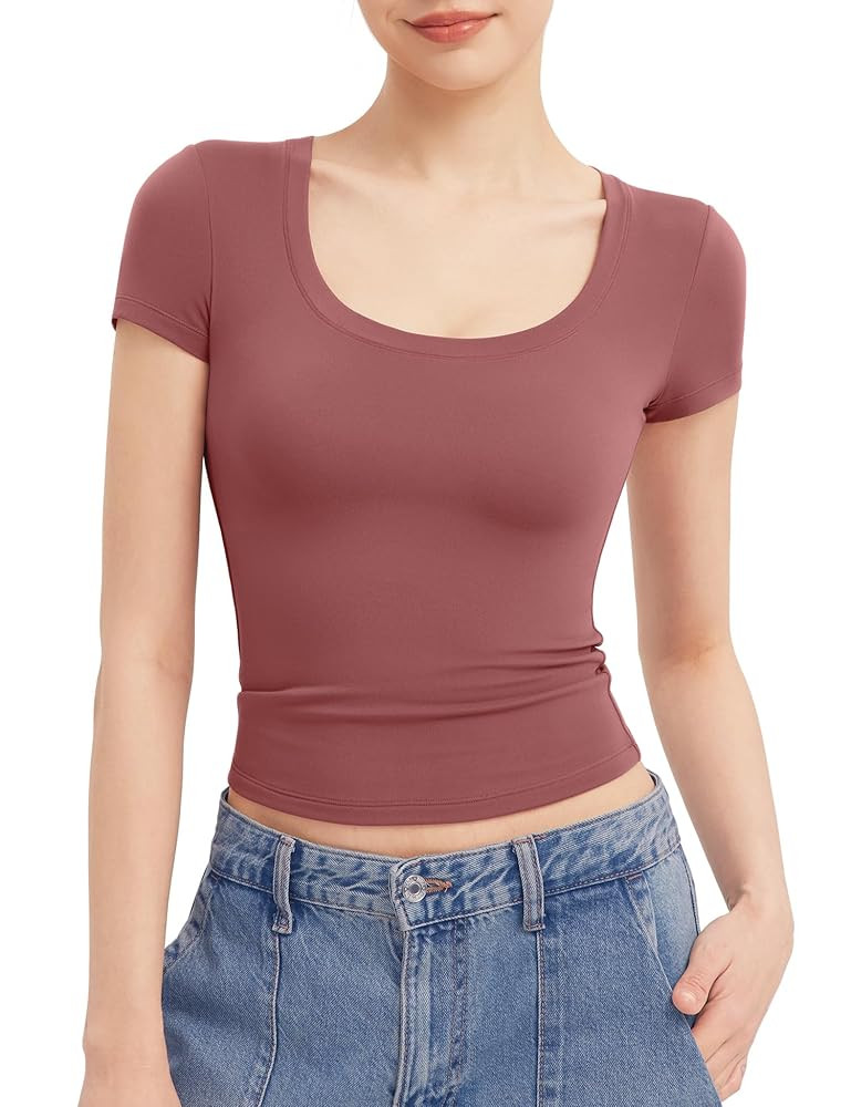 PUMIEY Women's T Shirts Short Sleeve Scoop Neck Basic Going Out Tops Fashion Slim Fit Tee Smoke C... | Amazon (US)