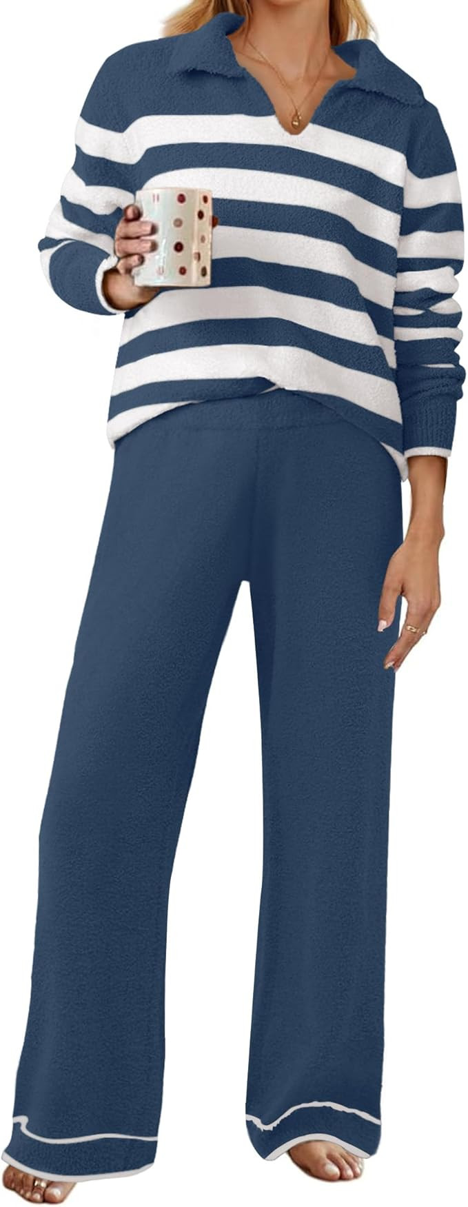 HAEOF Women's Striped Fuzzy Fleece Lounge Sets 2 Piece Loungewear Outfits Long Sleeve Sweater Wid... | Amazon (US)