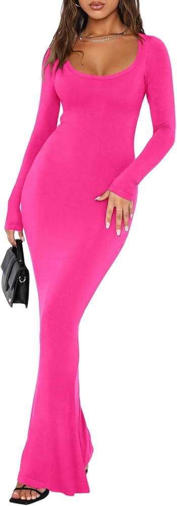 REORIA Womens Sexy Square Neck Long Sleeve Soft Lounge Long Dress Fall Casual Ribbed Bodycon Maxi... | Amazon (US)