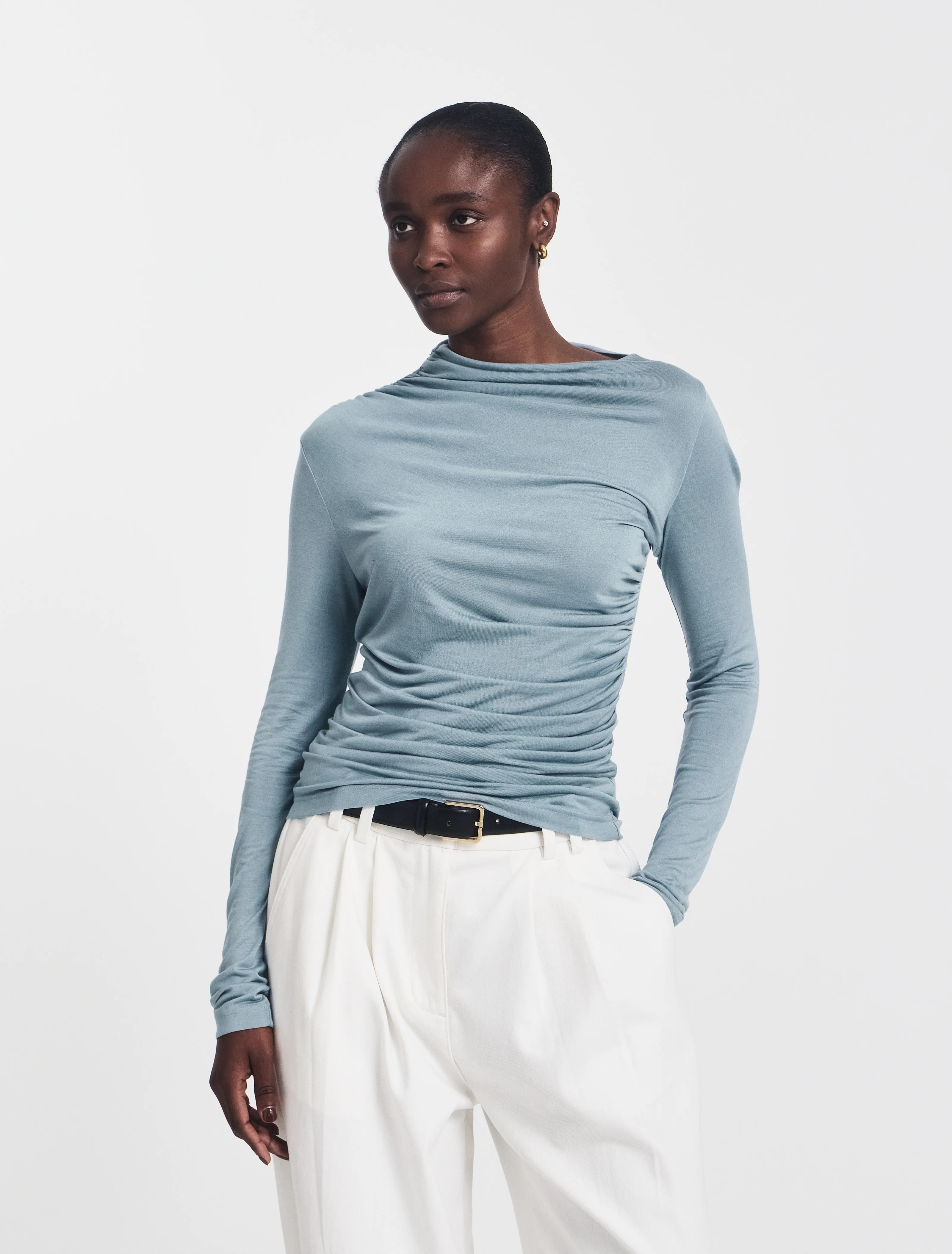 Iphis Draped Long Sleeve Top in Powder Blue | NinetyPercent