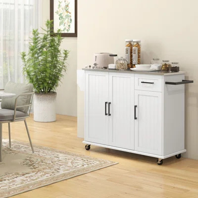 Kitchen Island With Storage, Rolling Kitchen Island On Wheels With Drawer, 3 Cabinets, Stainless Steel Countertop, Spice Rack And Towel Rack, White | Wayfair North America