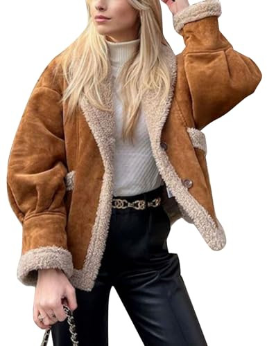 Flygo Women's Winter Faux Suede Jacket Sherpa Lined Jacket Button Down Lapel Fleece Jacket Winter Coats with Pockets(Camel-Large) | Amazon (US)