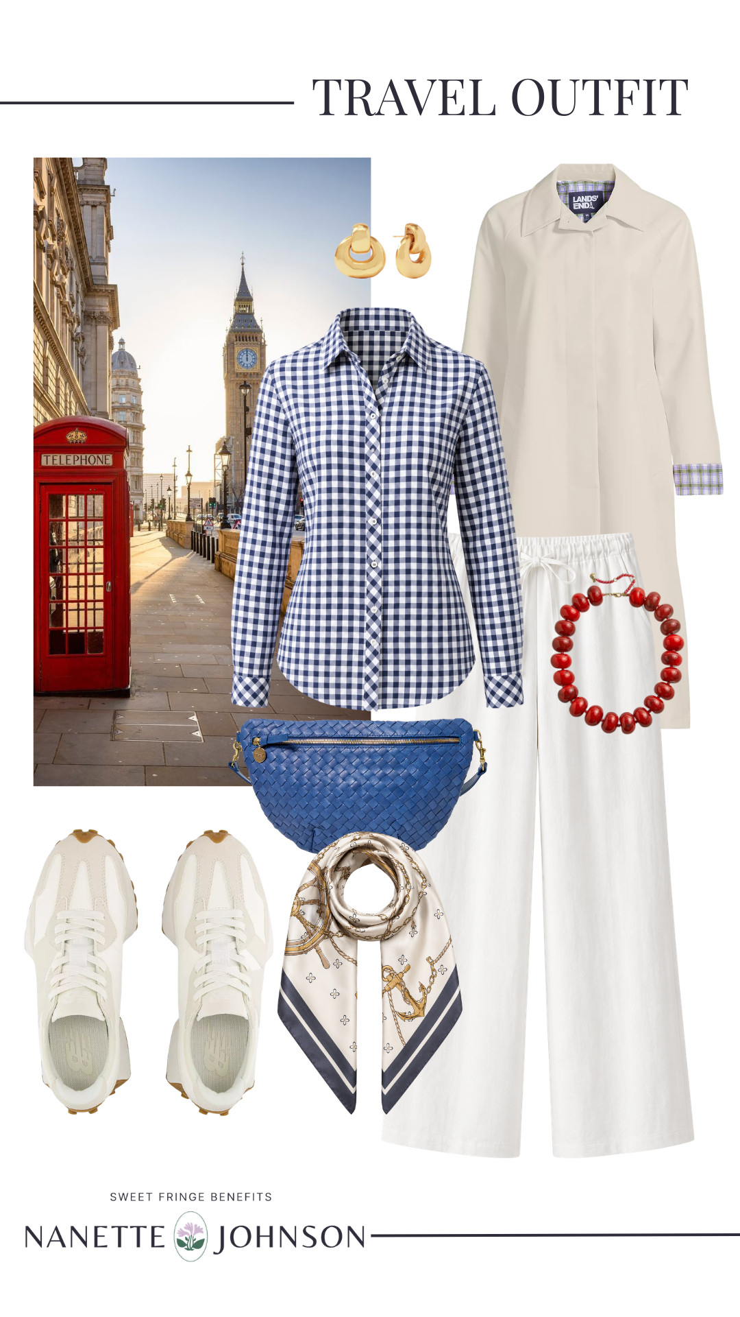 The perfect polished travel outfit ✈️🫶🏻

I love combining comfortable basics with classic pieces that still feel chic and put together for travel days. The gingham button-down, lightweight white pants, sneakers, and trench create such a timeless look that’s easy to wear all day long.

Finished with a pop of blue and red accessories for a classic European-inspired feel ❤️💙 

 #LTKootd #LTKOver40 #LTKSaleAlert