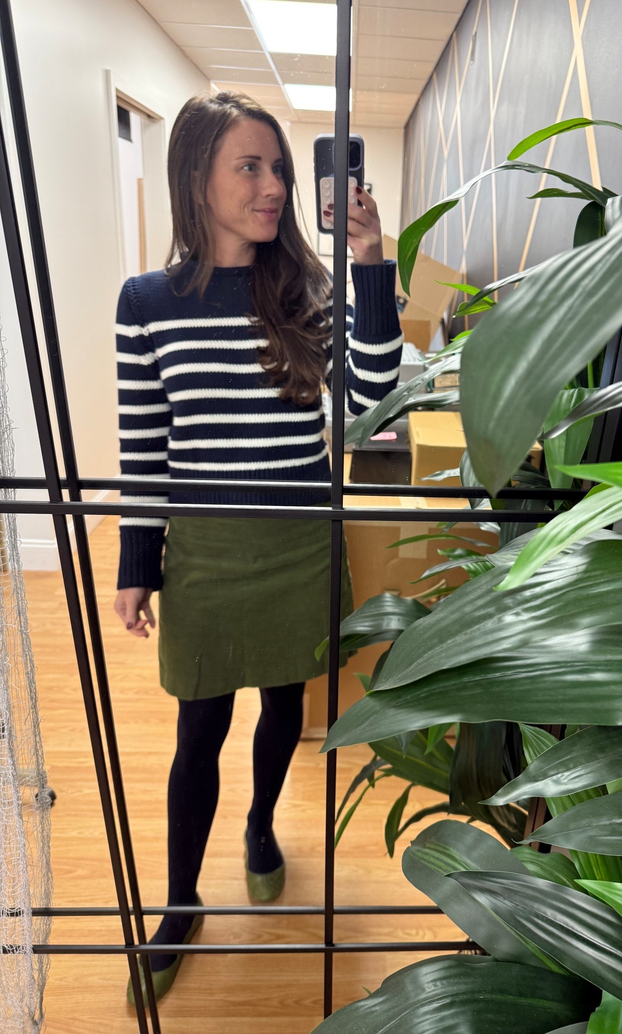 Fall Work Outfit - Office Manager at a Med Spa - navy and white striped roll neck sweater, green corduroy skirt, navy tights, green ballet flats 

#LTKSeasonal #LTKWorkwear #LTKShoeCrush