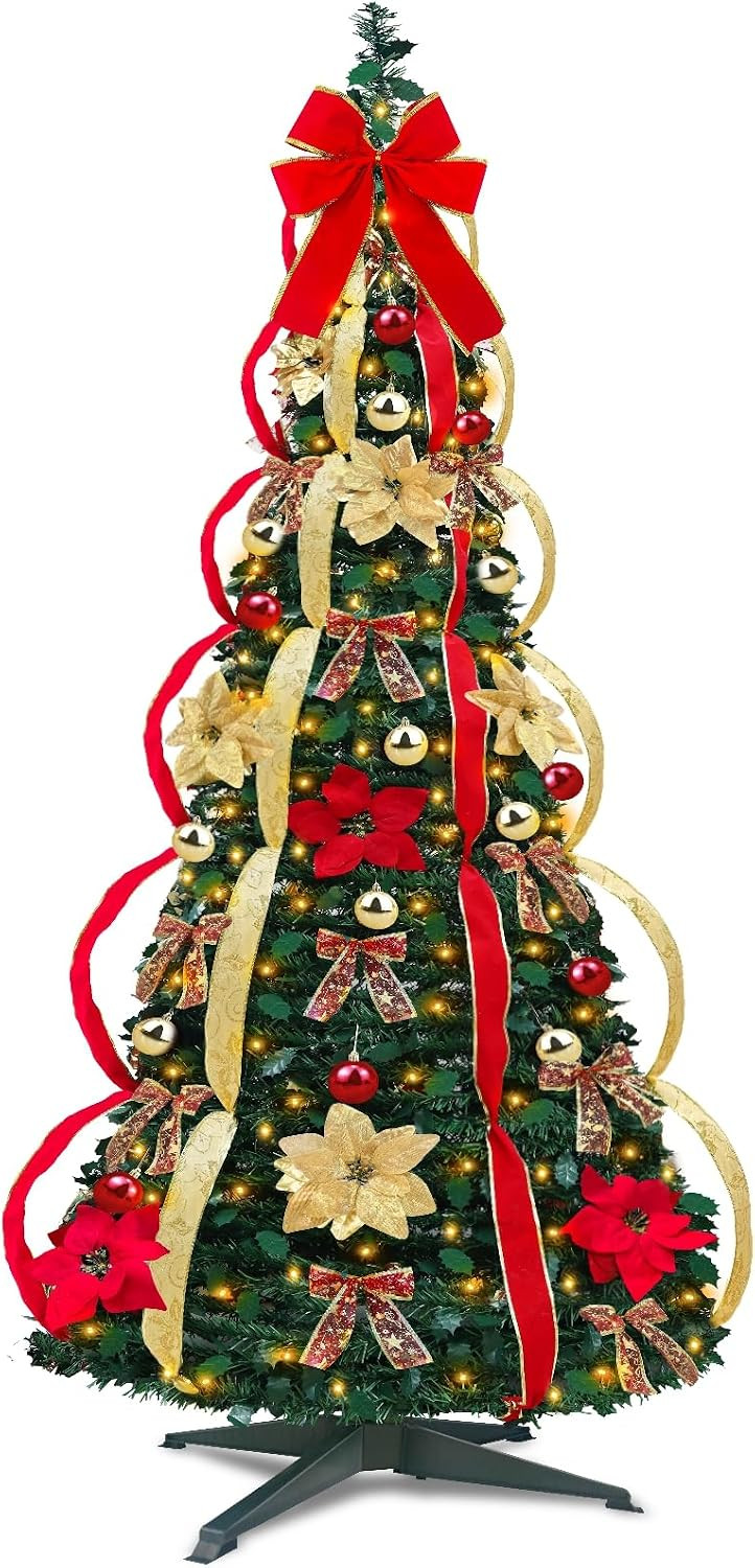 6.5 Ft Prelit Full Pop up Christmas Tree with Timer 8 Mode 200 Warm Lights, Ornaments, Red&Gold Ribbon, Flowers, Bows,UL Plug Powered, Fire-Resistant Collapsible Outdoor Indoor Holiday Party Decor | Amazon (US)