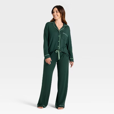 Women's Cloud Knit Modal Long Sleeve Notch Collar Top and Pants Pajama Set - Auden™ Green | Target