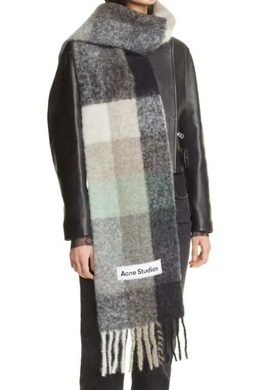 Acne Studios Vally Plaid Alpaca, Wool & Mohair Blend Scarf in Green/Grey/Black at Nordstrom | Nordstrom