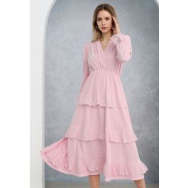 Lace Tiered Wrap Chiffon Midi Dress in Pink | Chicwish