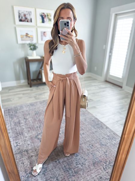 Amazon wide leg pants in XS. I LOVE these! Fabric is so nice and petite-friendly on me (I’m 5’3). Vacation outfit. Casual outfit. Spring outfit. Summer outfit. Seamless tank in XS. Shoes are TTS. 

#LTKtravel #LTKfindsunder50 #LTKshoecrush