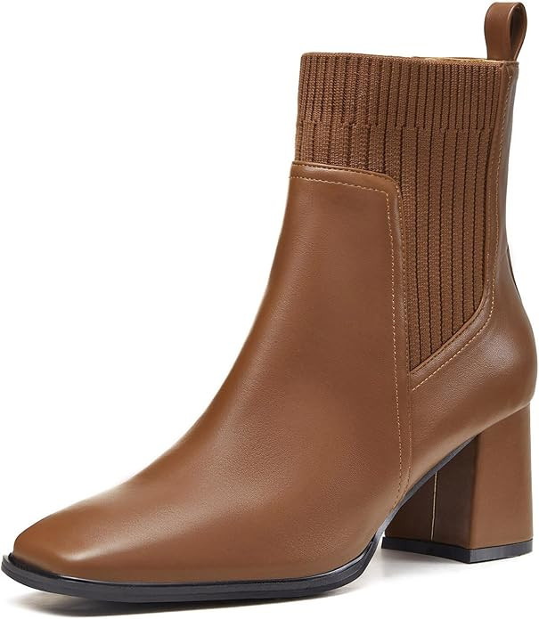 Coutgo Women's Slip On Ankle Boots Chunky Block Heel Square Toe Splicing Dress Sock Booties | Amazon (US)