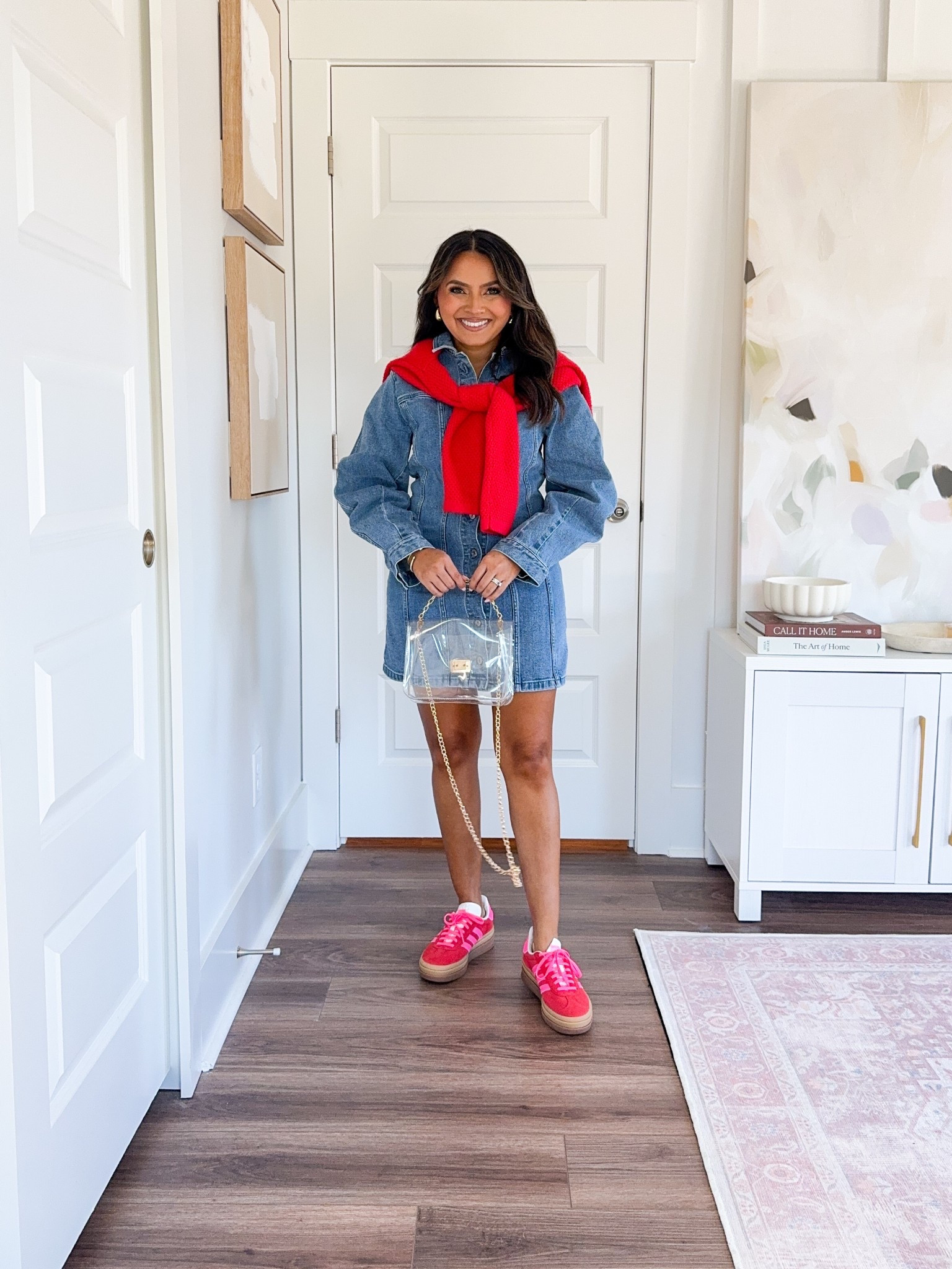 Denim dress size small petite - I sized up one size
Pink Sneakers size 5.5 - sized down a whole size
Red cardigan size xs TTS


#LTKSaleAlert #LTKStyleTip #LTKPetite