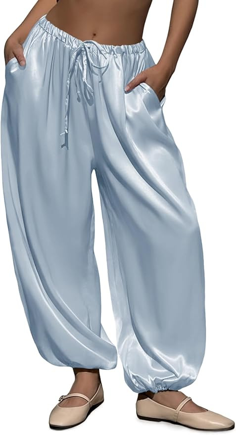 Fisoew Womens Satin Harem Pants Casual Baggy Barrel Leg Elastic Waist Drawstring Loose Workout Tr... | Amazon (US)