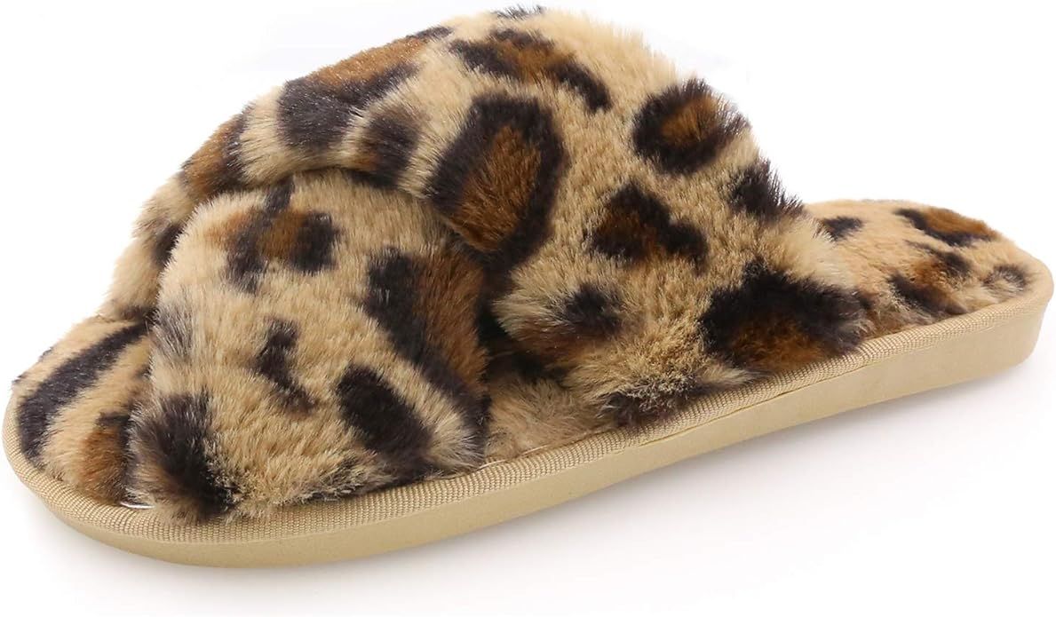 Womens Fuzzy Slippers Sandals Leopard Plush Open Toe Faux Fur Fluffy House Flats Slippers Cross B... | Amazon (US)