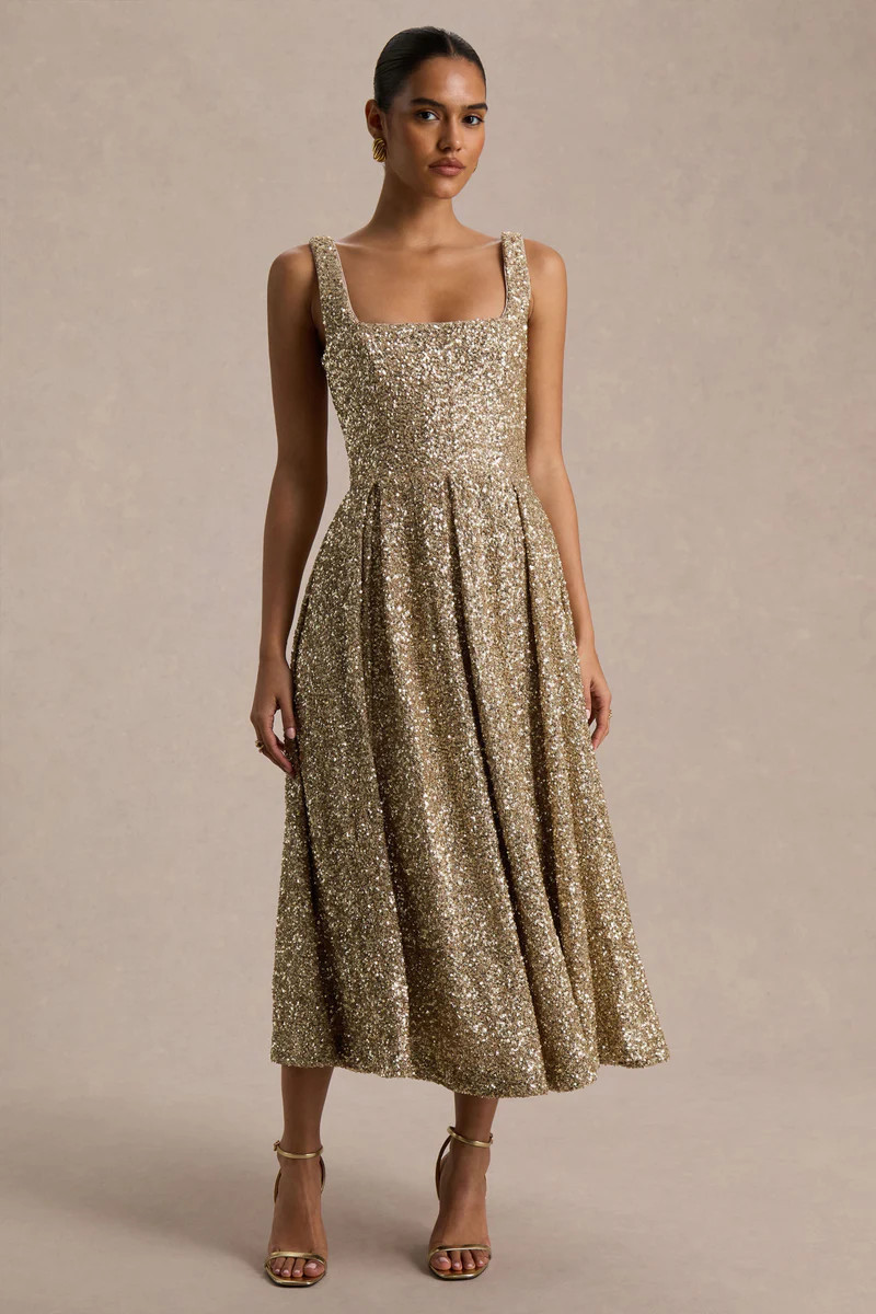 Lima  Champagne Sequin Square-Neck A-Line Midi Dress | Club L London
