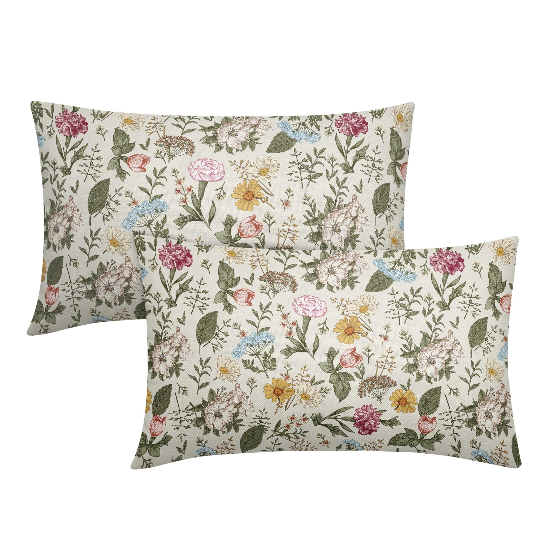 Smozenith Spring Floral Pillow Covers 12X20 Set of 2, Botanical Print Green Flower Plant Pattern ... | Amazon (US)