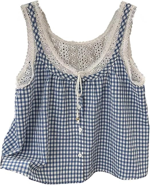 SweatyRocks Women's Boho Eyelet Lace Gingham Plaid Button Tank Blouse Crop Tops | Amazon (US)