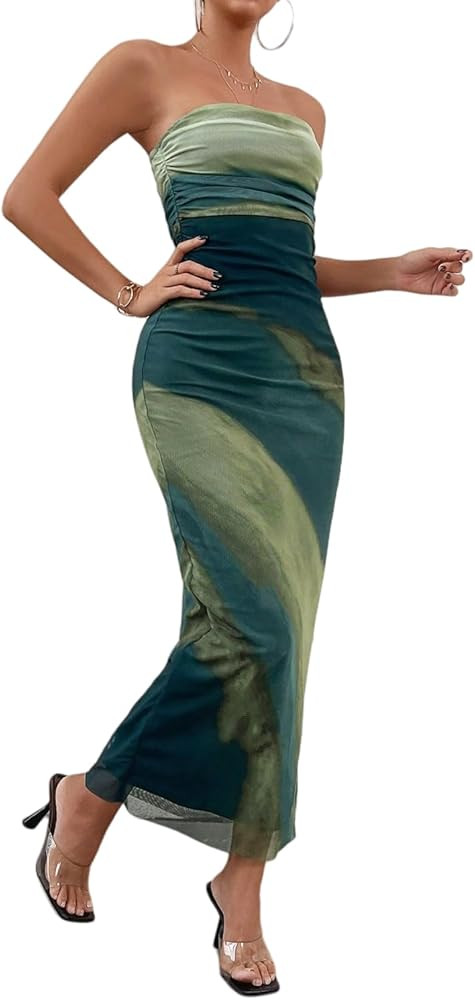 Women's Summer Dress Tie Dye Strapless Tube Dress Bodycon Long Dress Side Slit Mesh Layered | Amazon (US)