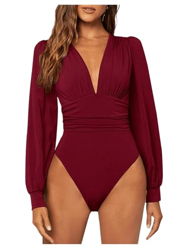 GORGLITTER Women's Sexy Ruched Deep V Neck Long Sleeve Bodysuit Blouse Tops | Amazon (US)