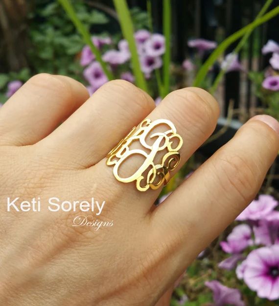 10K, 14K and 18K Gold or Sterling Silver - Swirly Monogram Ring - Personalized Large Initials Rin... | Etsy (US)