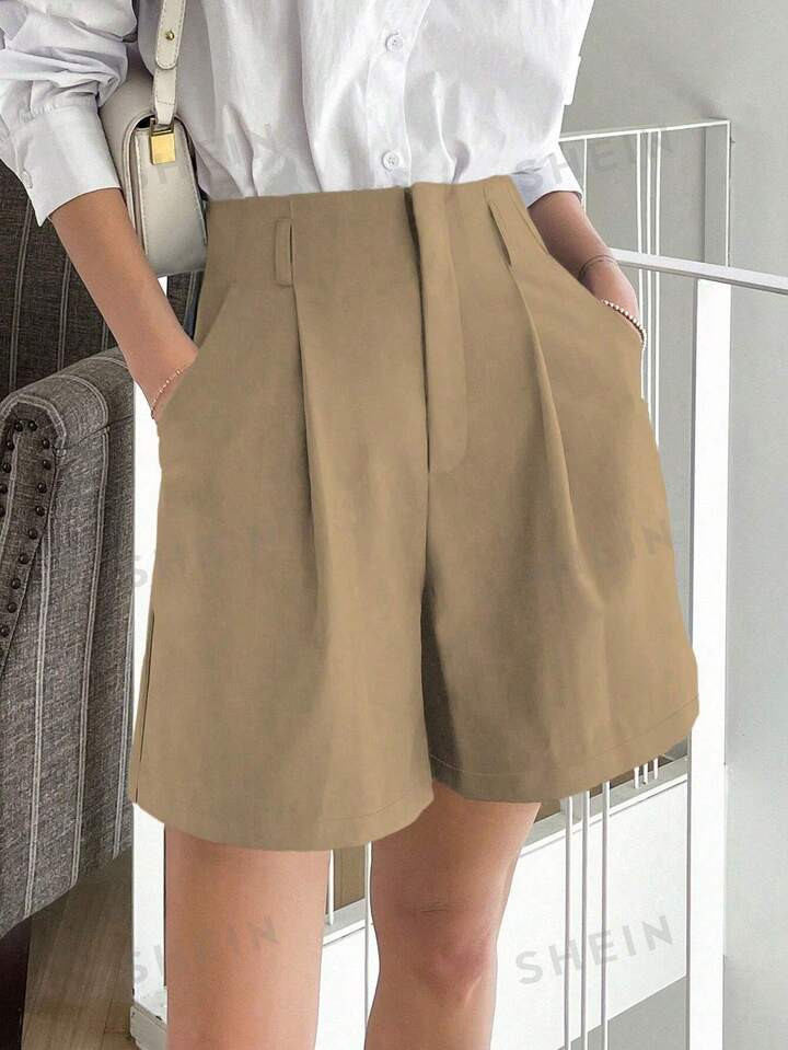 DAZY Solid Color Pleated Loose Fit Straight Leg Casual Shorts With Slanted Pockets For Summer | S... | SHEIN