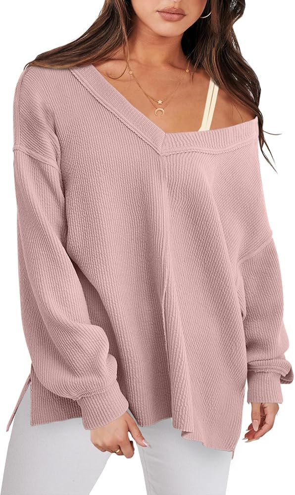 ANRABESS Oversized Long Sleeve Shirts for Women Off the Shoulder Sweatshirt Loose V Neck Tunic To... | Amazon (US)