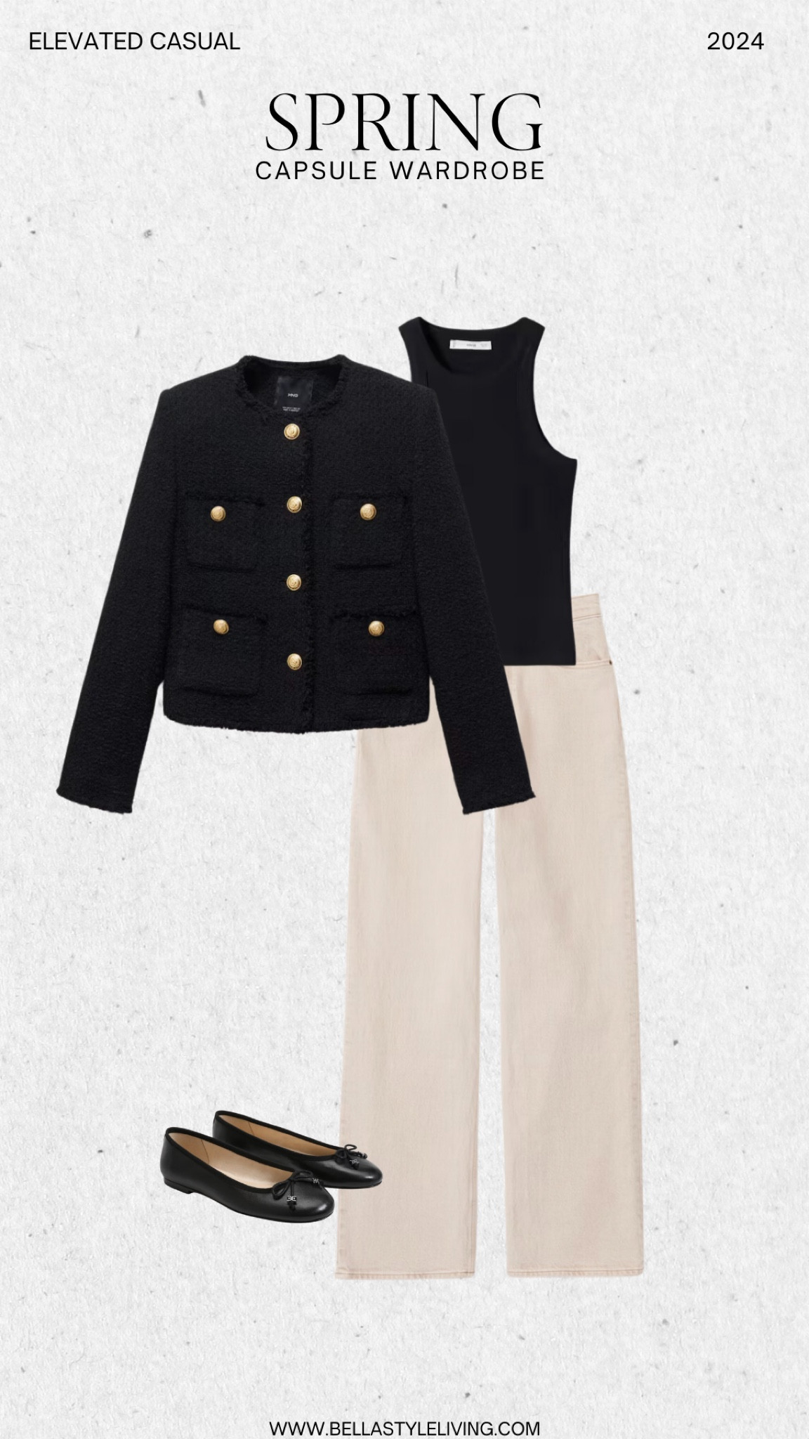 Elevated casual spring capsule wardrobe outfit idea. Pair light denim with black tank top, and black lady jacket from Abercrombie and black ballet flats.

#LTKstyletip #LTKworkwear #LTKfindsunder100