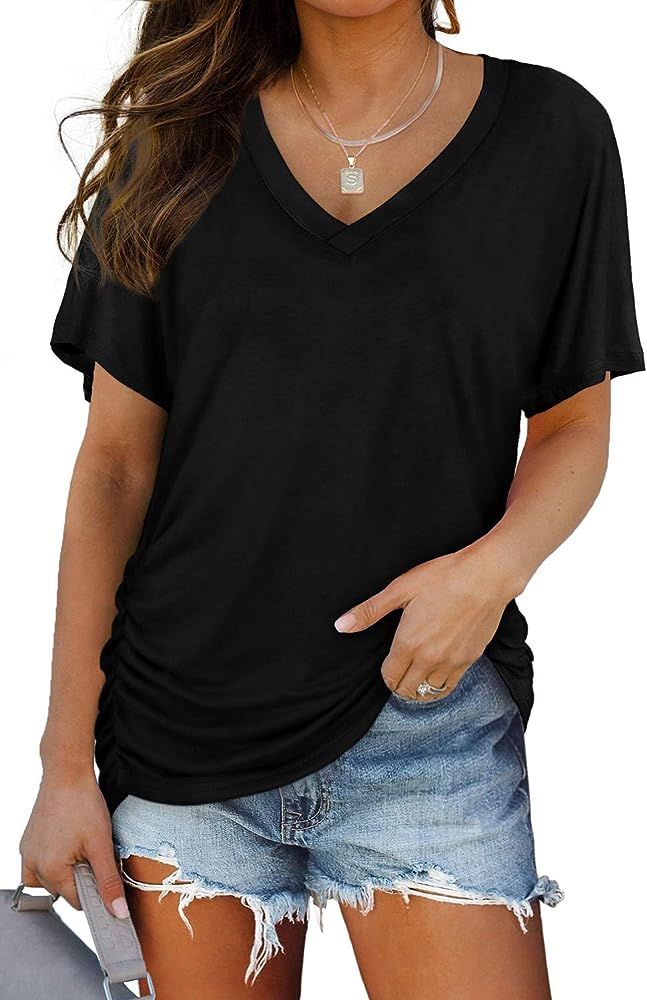 WIHOLL Womens Short Sleeve V Neck Dolman Tops with Side Shirring Loose Fit Shirts | Amazon (US)