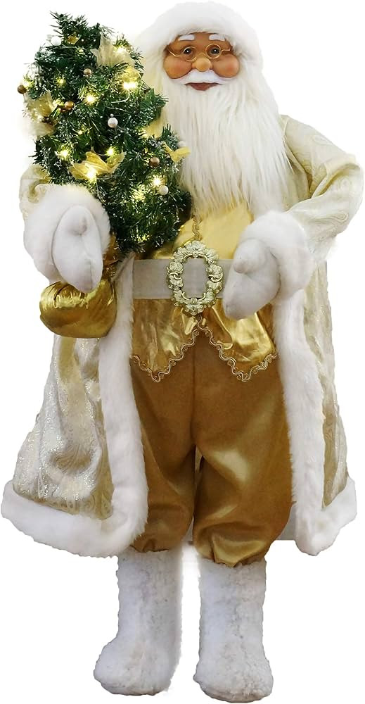 Fraser Hill Farm 3-ft. Animatronic Santa Claus in Gold Outfit Holding Prelit Tree Decoration, Ind... | Amazon (US)