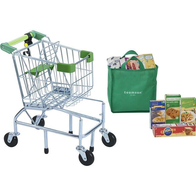 Little Helper Dallas Shopping Cart with Play Food - Chrome/Green | Maisonette