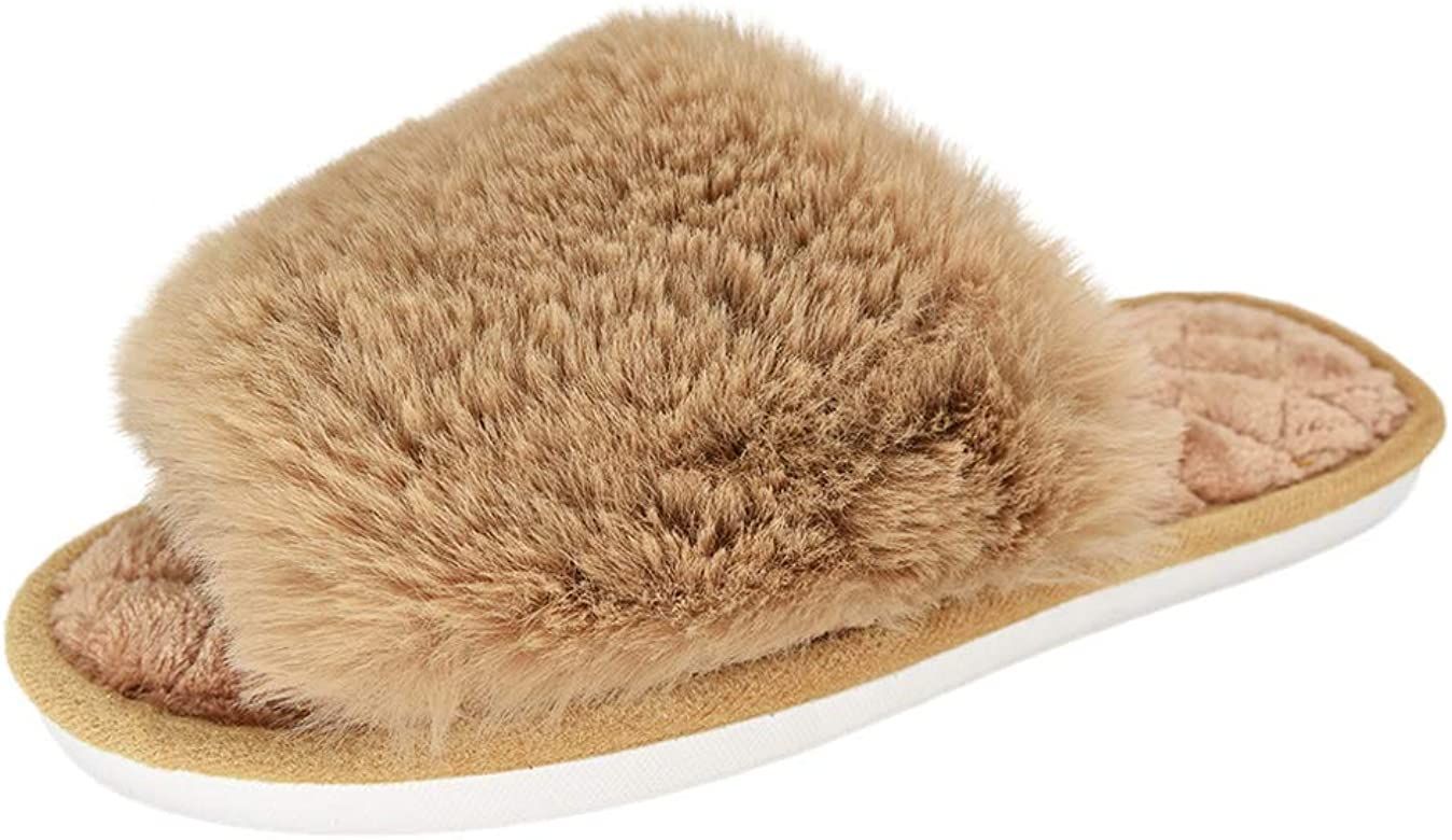 Women's Fuzzy Fur Flat Slippers Soft Open Toe House Slippers Memory Foam Sandals Slides Home Slip... | Amazon (US)
