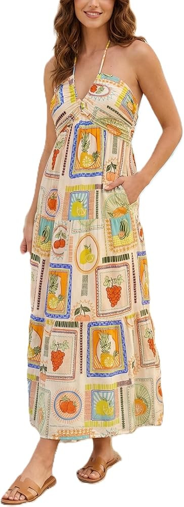 Women's Casual Halter Tiered Vacation Maxi Dress with Pockets | Amazon (US)