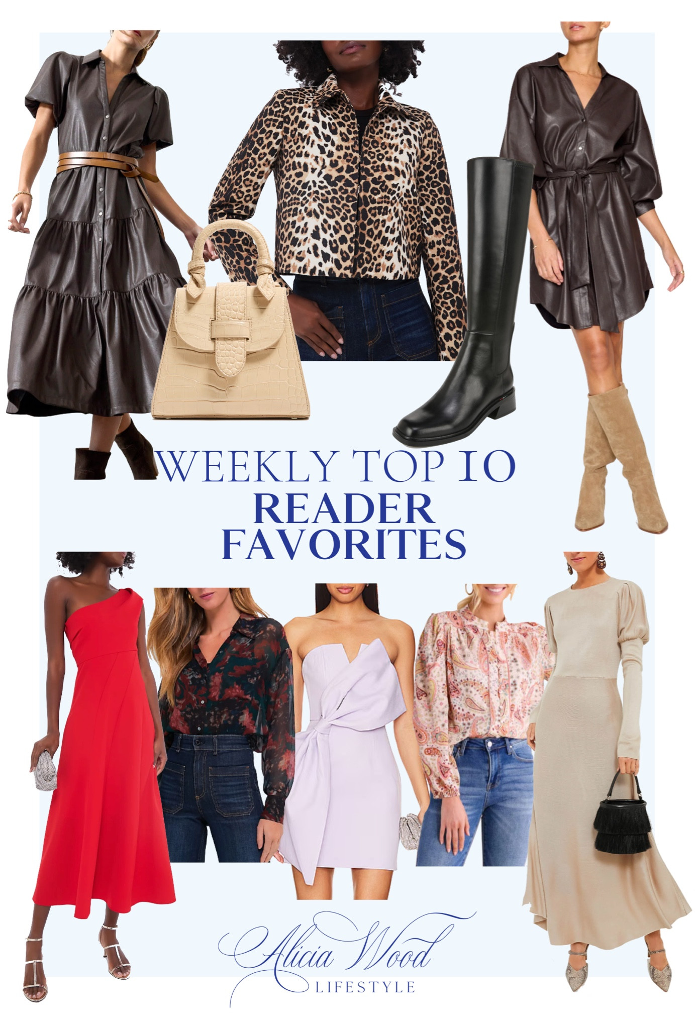Weekly Top 10 Best Sellers! 

https://www.aliciawoodlifestyle.com/weekly-top-10-best-sellers/

Strapless Lilac mini dress with bow detail
Leopard cropped jacket 
Sheer sleeve dark floral blouse 
One shoulder midi dress in scarlet red 
Petite lady handbag in ivory faux croc 
Ivory sweater dress with pleat detail 
Long sleeve Paisley top
Chocolate brown vegan leather dress with self belt
Tall knee high black boot
Short sleeve Faux leather chocolate brown midi tiered dress 

#LTKStyleTip #LTKOver40 #LTKSeasonal