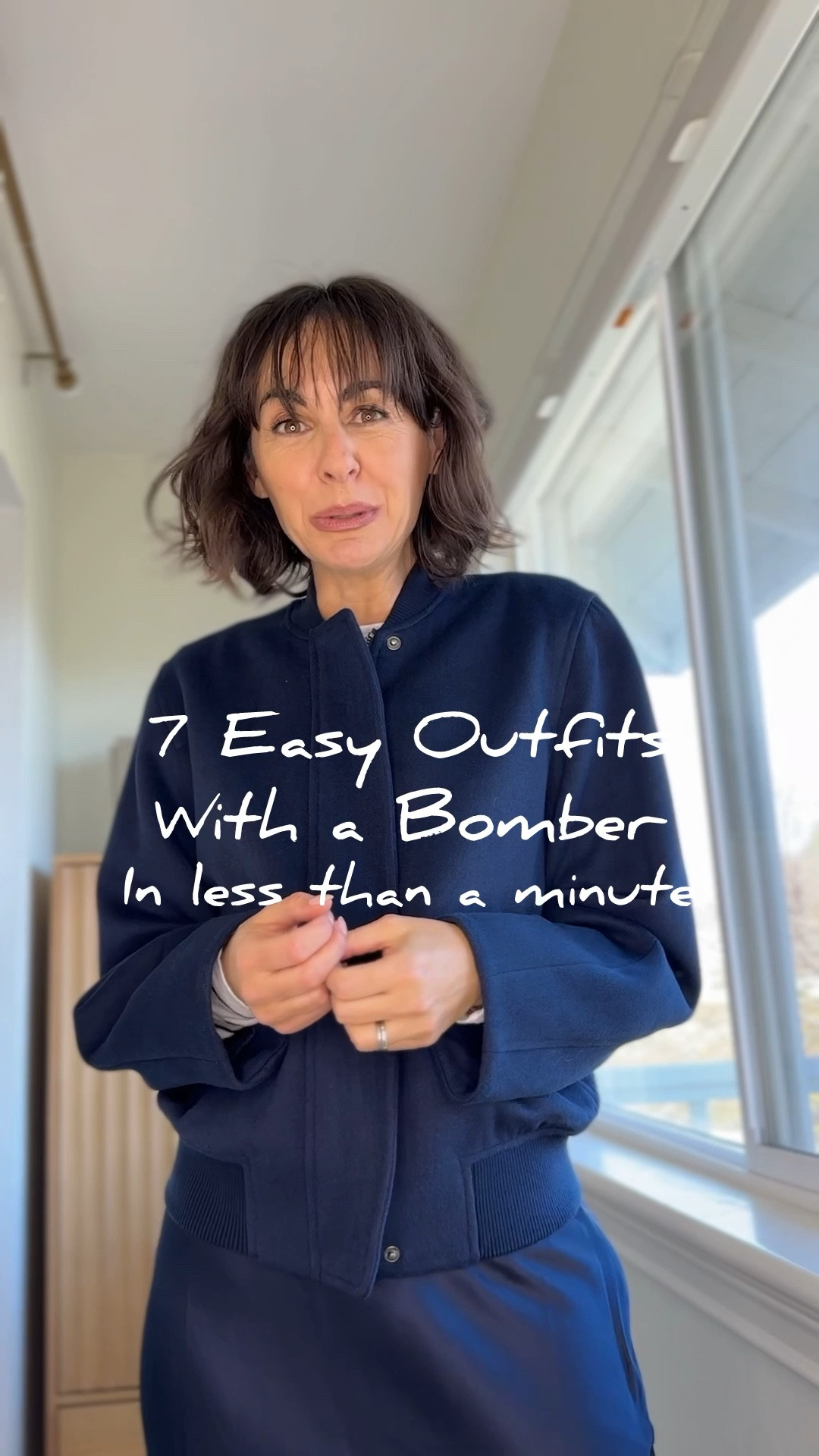 This bomber jacket from the new Nordstrom 6 Drop is so good. Navy is such a great neutral. Here are 7 outfit ideas with it. I’m 5’4” and a 32a and wearing an xxs. This piece runs big. Everything else is TTS except the corduroy pants (run big) 
