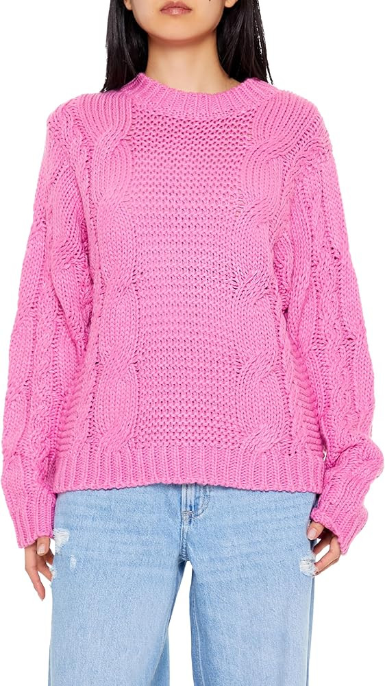 Forever 21 Women's Ribbed-Trim Cable Knit Sweater Peony Large Pink at Amazon Women’s Clothing s... | Amazon (US)