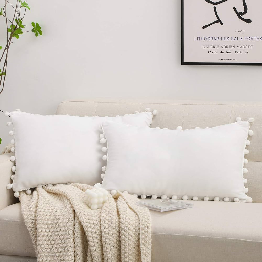 CAWANFLY Set of 2 Decorative Throw Pillow Covers with Cute Pom Pom, Square Soft Cushion Case Home... | Amazon (US)