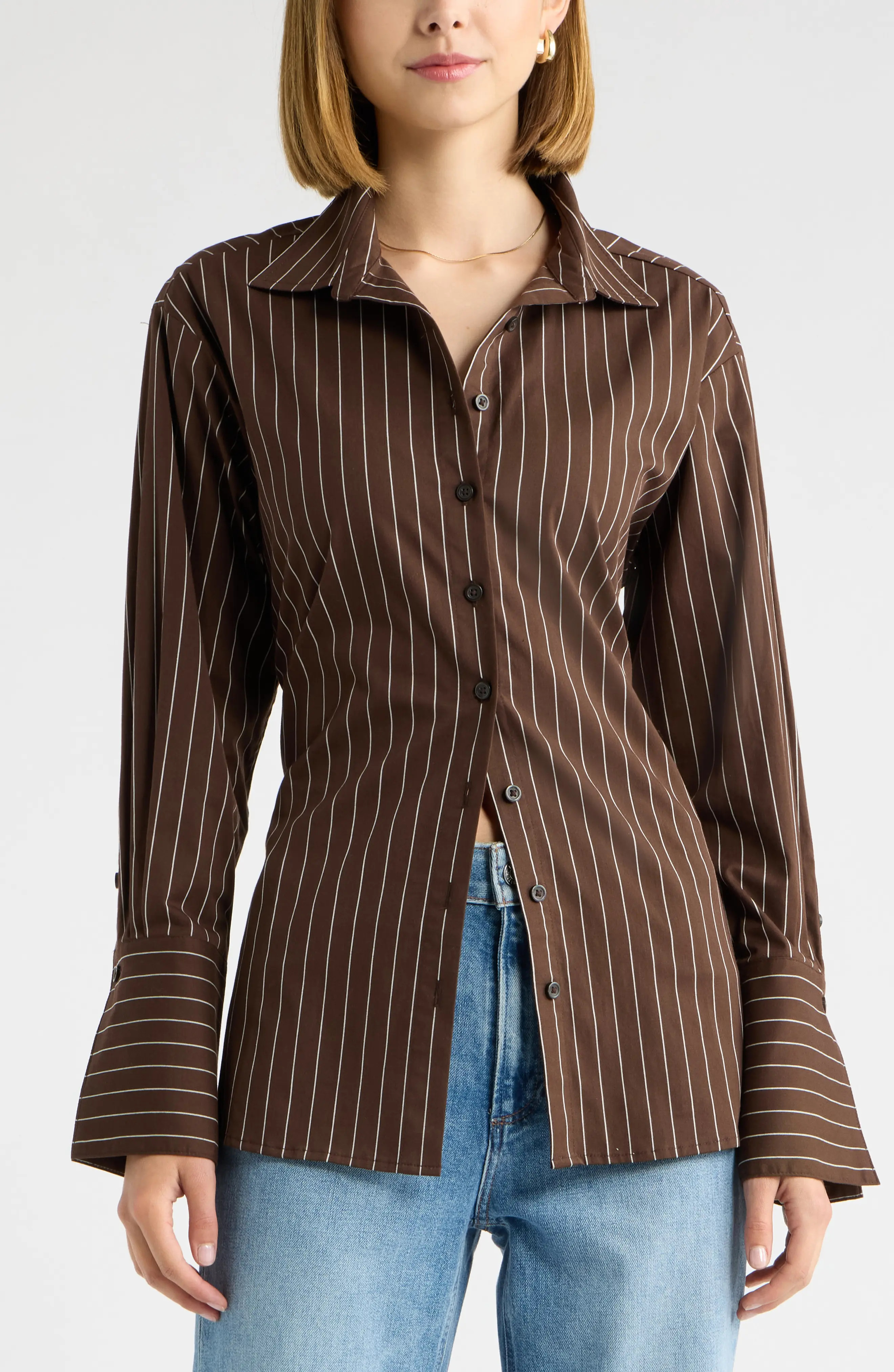 Open Edit Tie Back Striped Button Up Shirt in Brown Ivory Jodi Stripe at Nordstrom, Size Small | Nordstrom