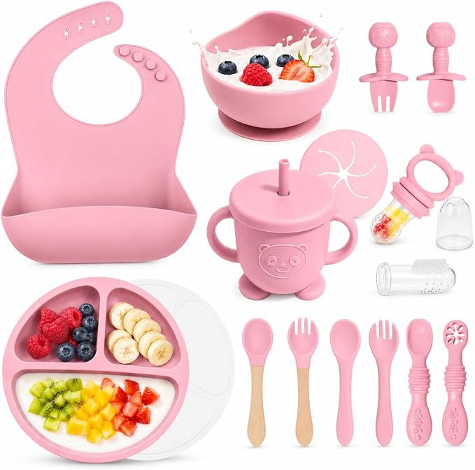 Silicone Baby Feeding Utensils Set for 6+ Months, 17 Pcs, Pink | Amazon (US)