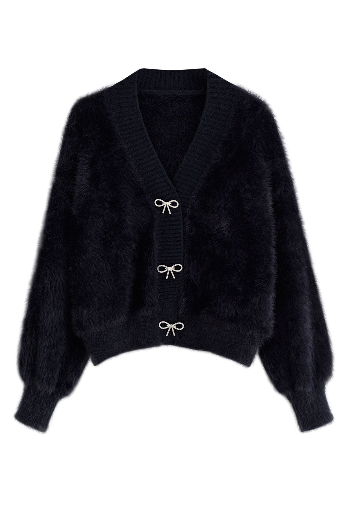 Bowknot Brooch Fuzzy Knit Cardigan in Black | Chicwish