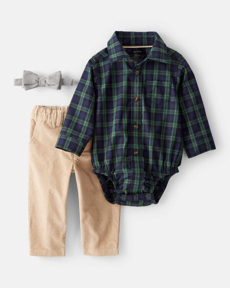 Baby Boy 3-Piece Plaid Print Cotton Bodysuit, Bowtie & Pant Set - Green/Tan | Carter's Inc