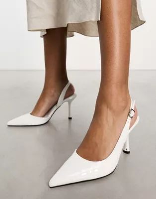 ASOS DESIGN Simmer slingback stiletto mid shoes in white patent | ASOS (Global)