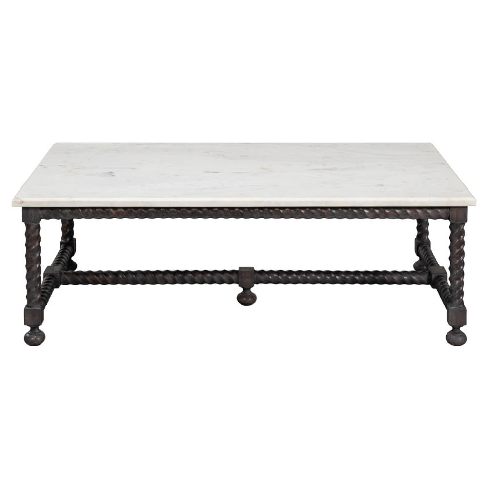 Stella Updated Traditional White Marble Brown Wood Rectangular Coffee Table | Kathy Kuo Home