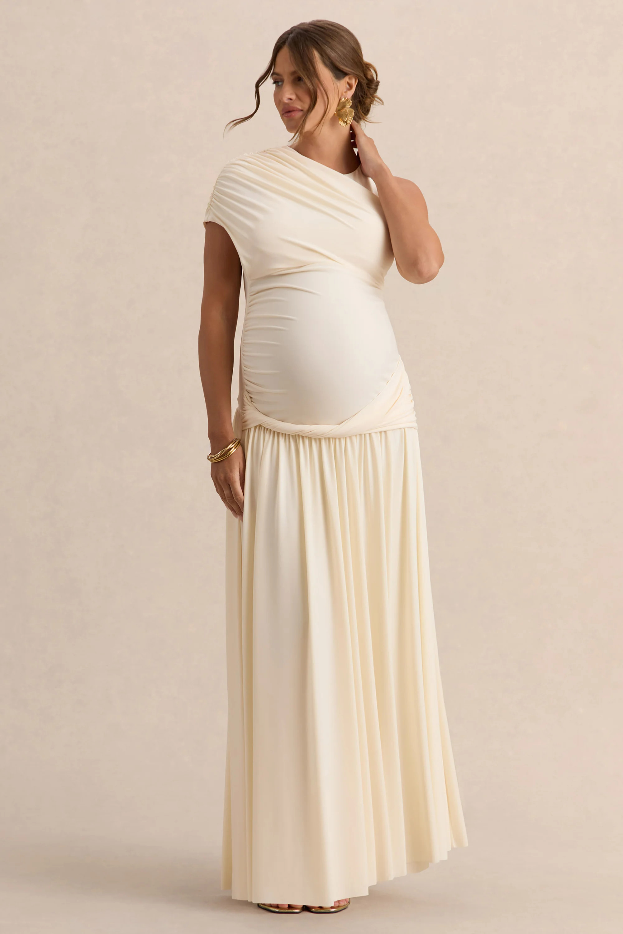 Naida | Cream Round-Neck Maternity Maxi Dress With Draped Detailing | Club L London