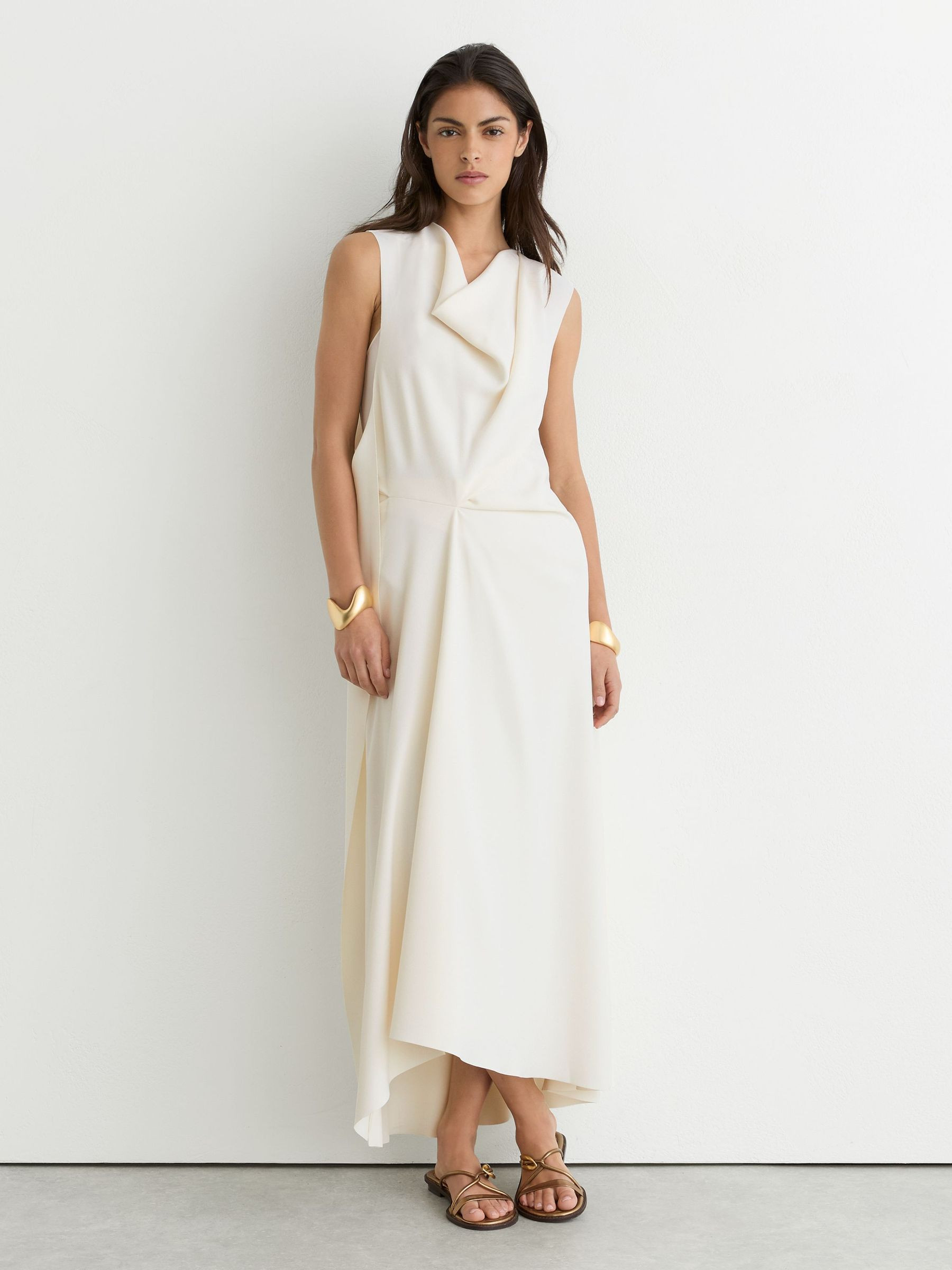 Reiss Drape-Detail Sleeveless Midi Dress in Ivory - REISS | Reiss UK