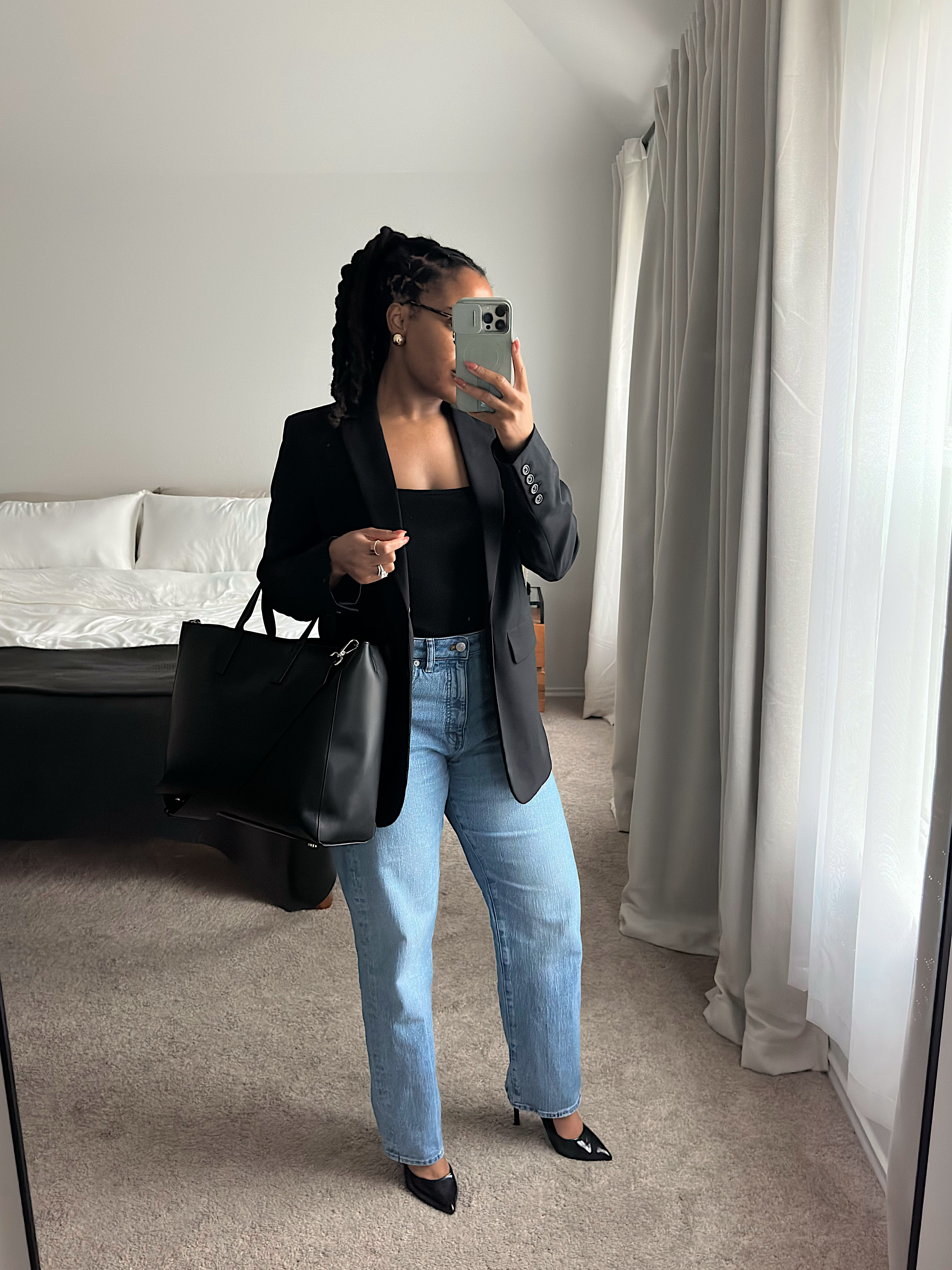 Blazer + Jeans Casual Office Outfit // spring outfits // spring outfit ideas // spring outfits for cold days // elevated casual outfits // casual classy outfits // spring style inspo // straight leg jeans // black tank top // laptop bag // work bag

#LTKootd #LTKWorkwear