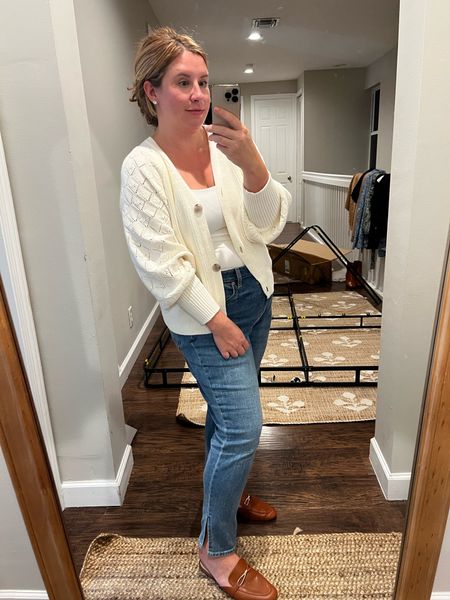 Fall outfit jeans sweater mules 
Jeans are on sale right now. I went up one size in them, but they’re seriously so comfortable. They also come in a curvy version  

#LTKcurves #LTKstyletip #LTKsalealert