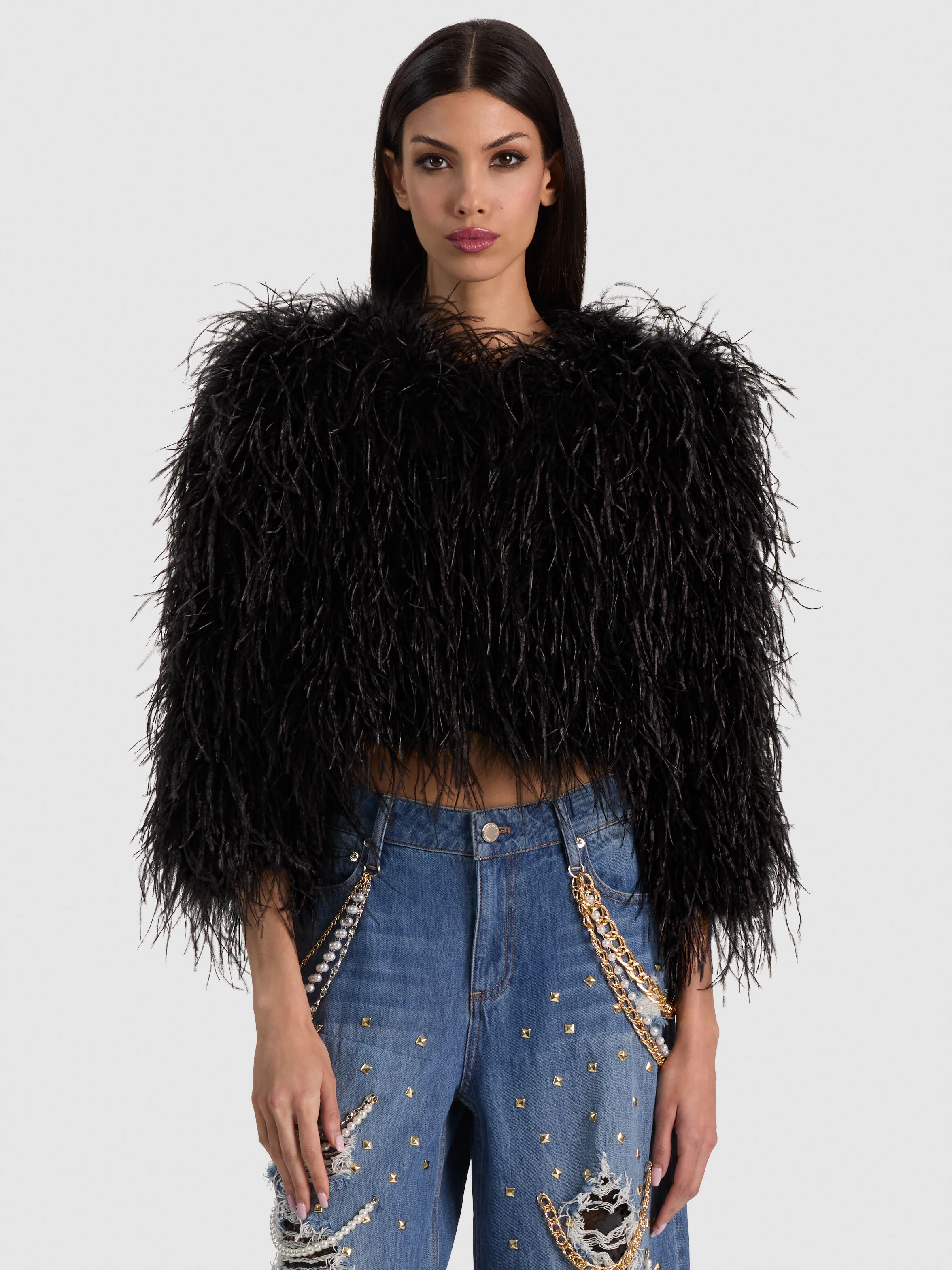 KIDMAN FEATHERED JACKET in BLACK | ALICE + OLIVIA | Alice + Olivia