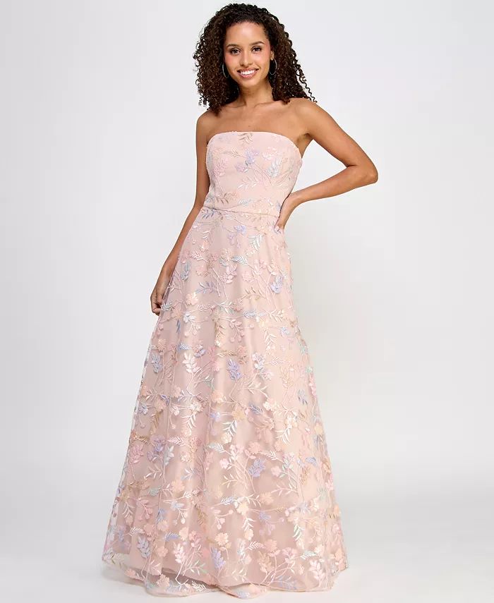 Juniors' Strapless All Over Embroidery and Sequin Gown | Macy's