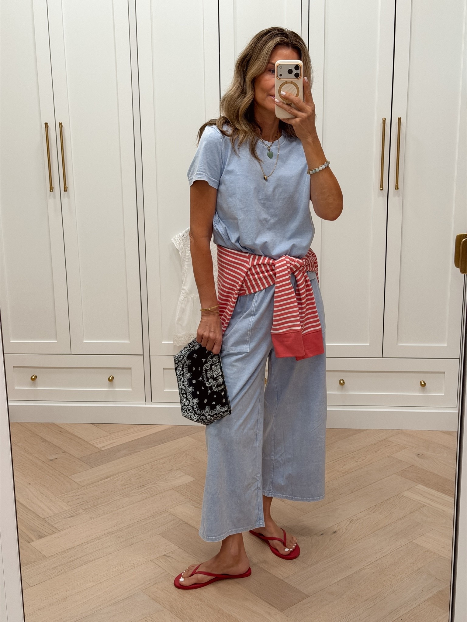 I’m 5’6’’.
-Such a pretty set! @Threads 4 Thought wearing size S in the top and XS in bottoms
-bag is a summer favorite @Madewell 
-striped Crewneck TTS

#LTKootd #LTKOver40 #LTKSeasonal